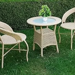 LOCCUS Outdoor 3 Piece Patio All Weather Beige HDPE Wicker Rattan Chair and Glass Top Table with Powder Coated Iron Frame for Garden, Balcony, Lawn, Porch-picture-20