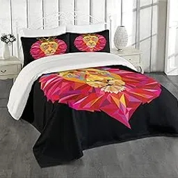Lunarable Lion Coverlet Set Queen Size, Polygonal Design Head of The Jungle King with Geometrical Shapes Crown Image, 3 Piece Decorative Quilted Bedspread Set with 2 Pillow Shams, Orange Black-picture-33