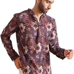 kisah Men's Short Kurta, Multi Cotton Blend, Abstract Regular Fit Mandarin Collar Long Sleeves-picture-44