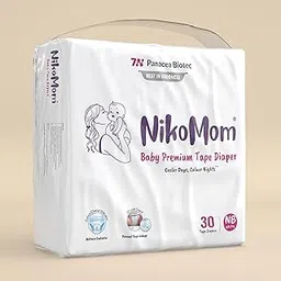 NikoMom Tape Diaper New Born (NB) Up to 270ml storage capacity for Babies Weighing upto 5 Kg Pack of 30 Diapers Easy to Wear & Remove Ultra Soft & Dry, Breathable All-Night Protection Super Saver Pack-image-0