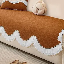 HOKIPO 'French Classic Frill' Sofa Cover Mat for 1/2/3 Seater & L Shape Sofa. Make Your Own Sofa Cover Set, Anti-Slip Mat Length 90(D) x 220(L) cm, Copper Orange (AR-6144-OR)-picture-30