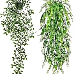 Ekhasa Nostrae Pothos Hanging Artificial Plants with Pot (Set of 2) | Persian Rattan Artificial Hanging Plants for Decor | Falling Creepers Climbers Fake Vines with Hanging Pots (Mandala, Fern)-image-5