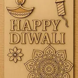 American Elm 1Pcs Happy Diwali Wooden Engraved Wall Art 29.7x21 cm MDF Festival Plaque with Diya Firecracker Mandala Design for Home Office Decoration Spiritual Gifting Hindu Festival Wall Hanging image 1