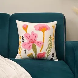 ABSTRACT INDIA Cotton Aari Work Cushion Pillow Covers 16x16 Inch | Pink & Yellow Floral Design | Hand Embroidery Cushion Cases for Sofa, Bedroom, Living Room, Chair, Car image 1