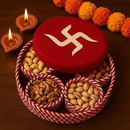 HOME LIVING Dry Fruit Box Set with Swastik Symbol, Red Basket, Home Decor Small Box Rope Storage Book Shelf Jute Planter Basket Traditional Diwali Gift Pack (Red)-picture-22