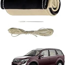 RKPSP Beige/Brown Stiched Steering Leather Luxury Super Fiber Non-Slip Steering Wheel Cover for XUV 500 New-image-3