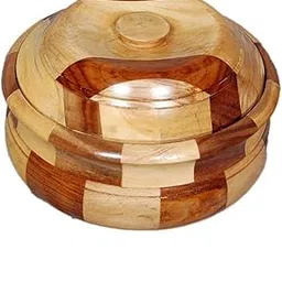 Handcrafted Wooden Chapati Box with Stainless Steel Bowl, Two-Tone Natural Wood Pattern-image-23