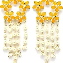 Gold Plated Floral Design Yellow Kundan Pearl Tassel Earrings for Women-image-2