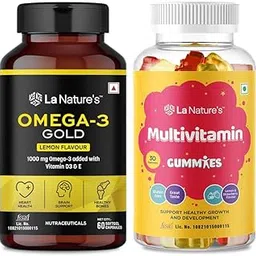 La Nature's Omega 3 Fish Oil Gold Capsules Lemon Flavour & Multivitamin Gummies with Essential Vitamin A, B12, C, D, E Superfood for Immunity Development of Kids & Adults Combo Pack-picture-22