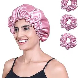 GLUN® Hair Bonnet Cap with 3 Satin Scrunchies Pink Colour Combo, Soft Satin Cloth Bonnet Cap Prevents Hair Breakage, Sleep Cap for Frizz Control & Moisture Retention, Ideal for Curly & Natural Hair-image-12