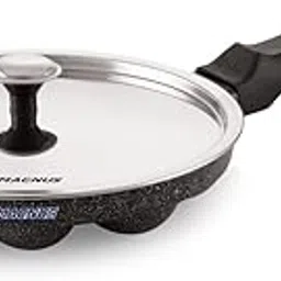 Magnus Induction Base Appam Patra with Stainless Steel Lid | 12 Cavity Non-Stick Pan| Heavy Duty Aluminum| Single Handle with SS Lid | Appam pan | Litti Maker | Black-image-49