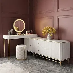 NG Decor, Retractable Marble Top Makeup Vanity Table & Cabinet Combo with Storage Fit in Corner(Stool & Mirror not Included)-image-19