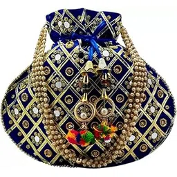 banithani Women's Handmade Heavy Embroidery Mirror Work Drawstring Potli Bag with Golden Beads Handle-picture-10