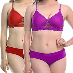 Women Padded Bra Panty Set Lace Cotton Non Wired Full Coverage T-Shirt Shaper Push up Teenage Regular Use Comfortable Combo Pack Multi-Color Cup B-image-1