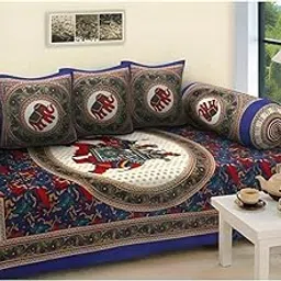 UrbanArts 100% Pure Cotton Jaipuri Diwan Set of 6 Pcs (1 Bedsheet, 2 Bolster Cover, 3 Cushion Cover) | Cotton Diwan Set for Drawing Room, Living Room and Bedroom, Style-17-picture-16