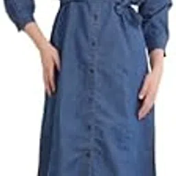 Women's Button-Down Cotton Denim Maxi Dress with Waist Tie Belt-picture-38