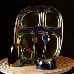 Wellthya NourishMeal Toolkit Stainless Steel for Kids/Baby Dinner Set | 5 Piece Square Dinner Set- 1 Plate, Bowl, 1 Glass, 1 Spoon & 1 Fork (Rainbow) image 1