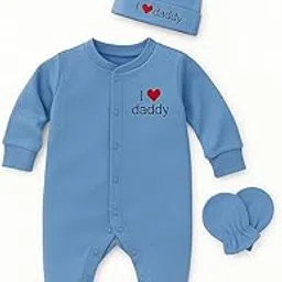 pom-pom sweet hearts Baby Romper Gift Pack for Newborn Babies | 100% Cotton Sleepsuit/Bodysuit with Matching Cap & Mittens | Soft, Skin-Friendly, Bio-Wash Cotton Night Suits for Infants | 0-3 Months, I Love Daddy, Blue-picture-39