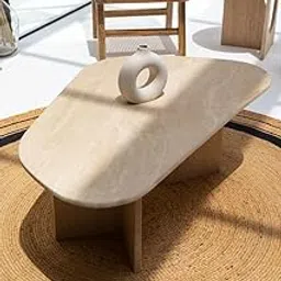 Goldview Furniture Modern Curved Marble Coffee Table – Asymmetric White Stone Top with Natural Wood Base – Stylish Center Table for Living Room Décor-image-39