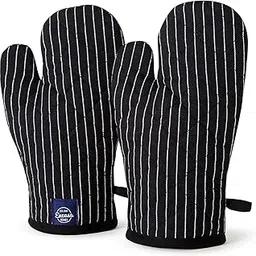 Encasa XO Oven Gloves for Microwave (2 pc Set) - Heat Proof, Thick & Safe | Longer 17x29 cm Mittens for Protection in Kitchen Cooking & Baking - Butcher Stripes Black-image-35