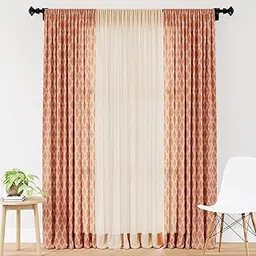 Encasa XO Polyester Opaque Printed + Solid Window Curtains with Tie Back (7 ft, Trellis Copper Combo) Pack of 3, Eyelet-image-1