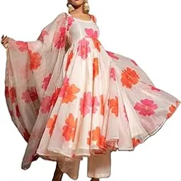 gosriki Women's Chanderi Cotton Flowers Printed Anarkali Kurta and Pant with Dupatta Set-picture-53