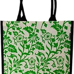 Reusable Shopping Tote Bag, Green Floral Pattern on White, Black Handles, Eco Jute Material, Grocery Market Carry All-picture-39