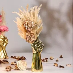 Art Street Hand Shaped Vase with Dried Pampas Grass and Artificial Golden Rose Golden Ceramic Fist Vases with Floral Arrangement Home Decor Vases Set Table Centerpiece Modern Decorative Flower Vase-image-31