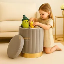 JUMBO CRAFTS Round Luxurious Ottoman with Storage Box Dutch Velvet Pouffe Footstool, Footrest Vanity Stool for Bedroom Living Room Balcony Snack, Storage for Kids Toys - (Grey)-image-4