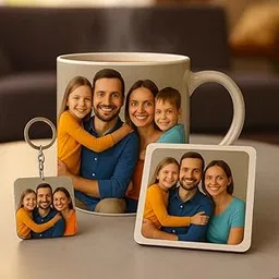 Choicecases Personalized Photo Print Gift Set - Customized Coffee Mug, Keychain & Coaster Combo | Gift for Family, Anniversary, Birthday & Special Occasions (350ml) image 1