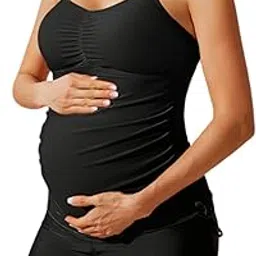 maacie Maternity Athletic Tankini Swimsuits Two Piece Floral Print Ruched Tops with Shorts, Black Solid, Medium-picture-29