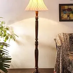 Devansh Cross Pleated Off-White Cotton Wooden Floor Lamp -32 image 1