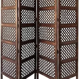 The Shine Wood Store 4-Panel Wooden Room Divider, Handcrafted Lattice Design, Brown Room Partition-picture-14