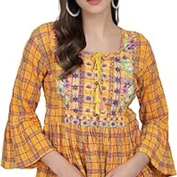 rapsodia Women Cotton Multicolor Yarn Dyed Checks Embroidery Tunic with Hand-Crafted Dori Tassels Mustard-picture-20