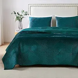Barefoot Bungalow Riviera Velvet Quilt and Pillow Sham Set, 3-Piece Full/Queen, Teal-picture-25