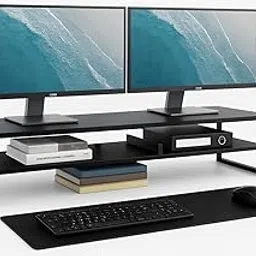 Tisany 2-Tier Metal Dual Monitor Stand Riser | Computer Desktop Organizer for 2 Monitors with 30"x10" Mouse Pad | Laptop, Printer & TV Stand | Heavy-Duty Black Steel Frame with Storage Shelf-image-7