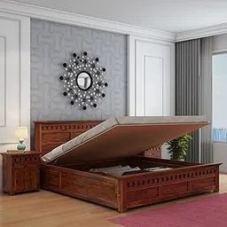 Solid Sheesham Wood King Size Hydraulic Bed with Storage for Bedroom (Honey)-image-41