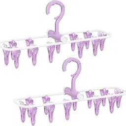 Maykela Clothes Drying Clips Foldable Portable Laundry Hanger, 2 Pack 12 Clips Laundry Drying Rack Socks Hangers with Clips, Folding Hanging Rack (Purple)-picture-25