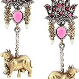 Womens Dual-Tone Oxidised Lotus Motif Drop Earrings with Pink Stone and Gold Cow Charm-image-63