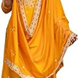 vredevogel Women's Silk Blend Embroidered Kurta Pant Set with Organza Dupatta-picture-31