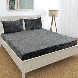 Elastic Fitted Warm Flannel Bedsheet King Size Warm Emboss Velvet Bedsheet for Winter Double Bed | 2 Pillow Covers, Size - 72 x 78 Inches (Grey)-image-1