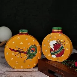 Artysta 'Mor Pankh & Maakhan' Hand-Painted Earthen Terracotta Vase - Vases Flower Vase Terracotta Decorative for Home Terracotta Pots for Home Décor Items (Yellow, Set of 2), image 1