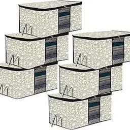 Kuber Industries Underbed Storage Bag | Clothes Storage Bag | Blanket Cover with Clear Window | Zipper Closure & Handle Cloth Organizer | Flower-Design | Large | Pack of 6 | Black-picture-18