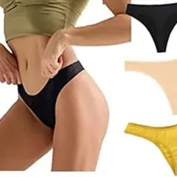 Women Cotton Comfortable Fabric Daily Use Regular Wear Mid Rise Thong Panty G-String Panties Pack of 3 - Black Beige Yellow-picture-32