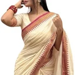 Traditional Handwoven Cotton Saree with Temple Border Design, Cream and Maroon, Elegant Ethnic Wear for Women-picture-18