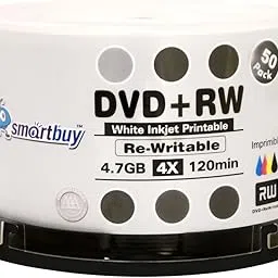 50 Pack Smartbuy Blank DVD+RW 4 x 4.7GB 120Min White Inkjet Hub Printable Rewritable DVD Media Disc-image-76