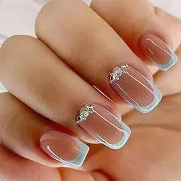 Combo of 2-Pack Press On Nails – Nude Blue French Tip Rhinestone & Nude Glitter Gradient Designs – 48pcs Square Glossy Fake Nails Kit with Glue Tabs – Reusable Artificial Nails for Women & Girls-image-96