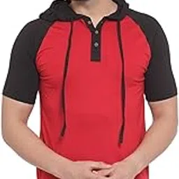 kalt Men's Half Sleeves Dual Colour Cotton Blend Hoodie(Red::Black)-picture-17