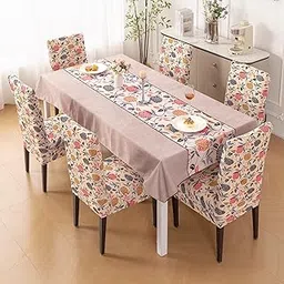 HOKIPO 'Modern Grace' Stretchable Set of 6 Rectangular Dining Chair Cover with Matching Tablecloth, Rose Meadow (IN-854-I10*6 + IN-875-I10)-picture-11