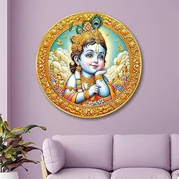 Livin'luxe Bal Krishna Round Wall Art | 3D Embossed MDF Panel with Golden Rim | Cute Lord Krishna Divine Decor | Spiritual Wall Hanging for Home, Pooja Room & Living Space |(23 x 23 Inch) GR-314-picture-32